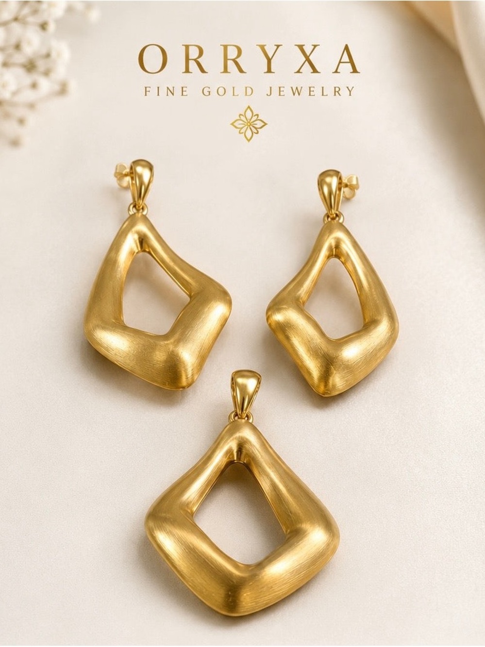 18K solid Italian Gold Sculpted Open-Frame Drop Earrings and pendant